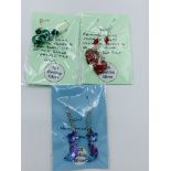 Three pairs 925 silver, glass and bead long drop earrings