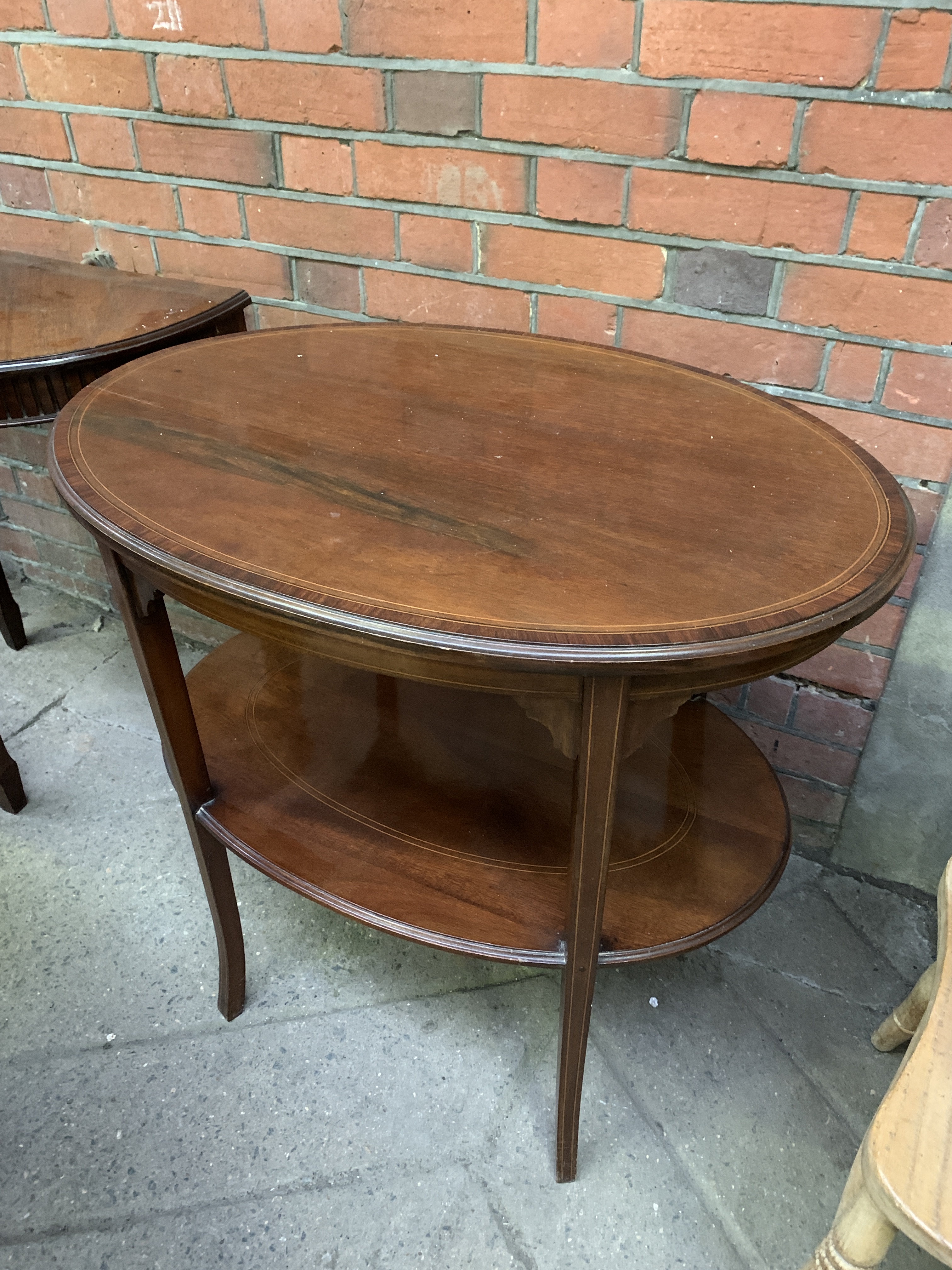 Banded inlaid mahogany oval display table together with small mahogany demi-lune table - Image 2 of 5