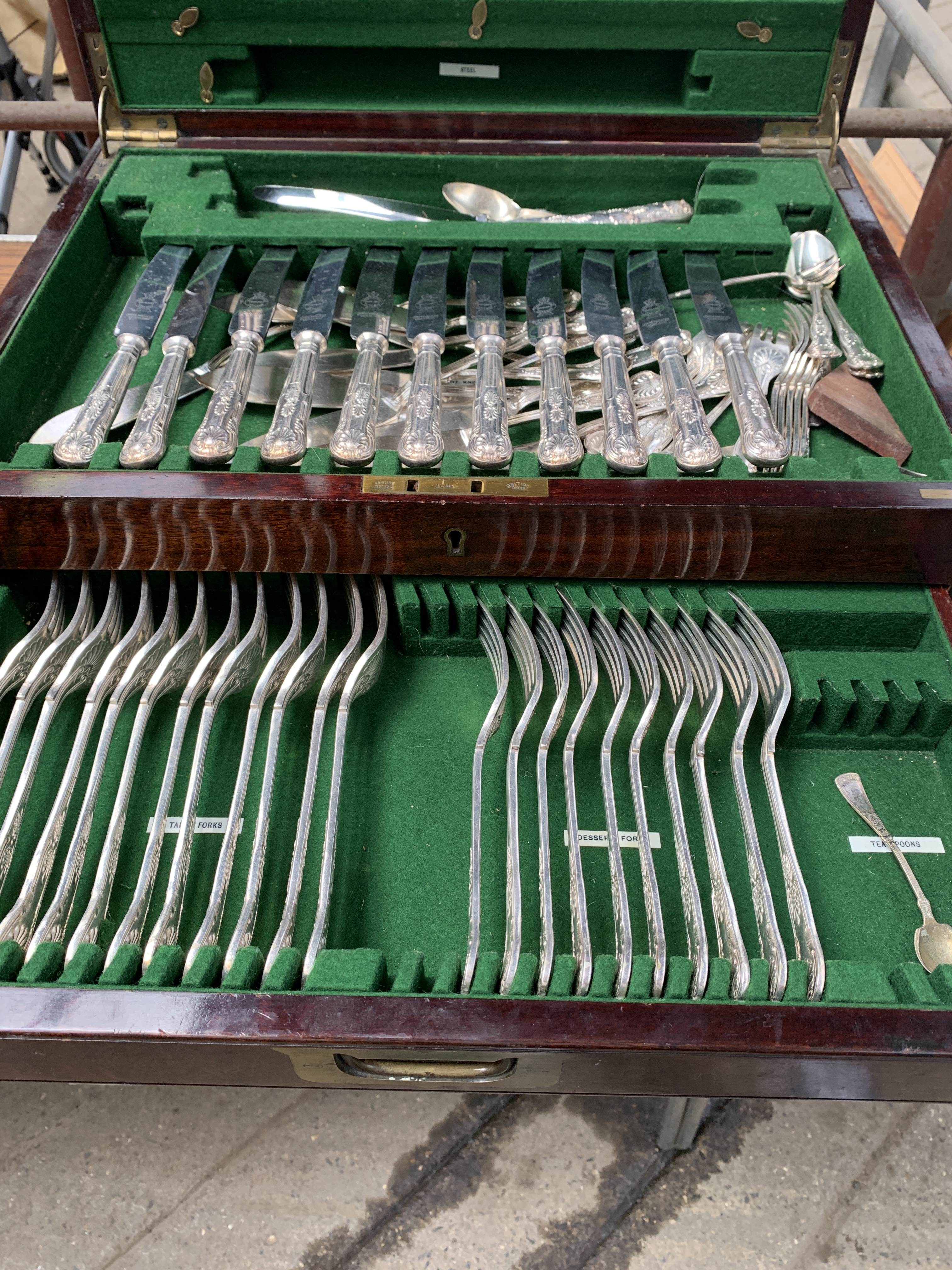 Mahogany brass bound canteen with part set of silver plate cutlery and silver plate galleried tray - Image 6 of 7