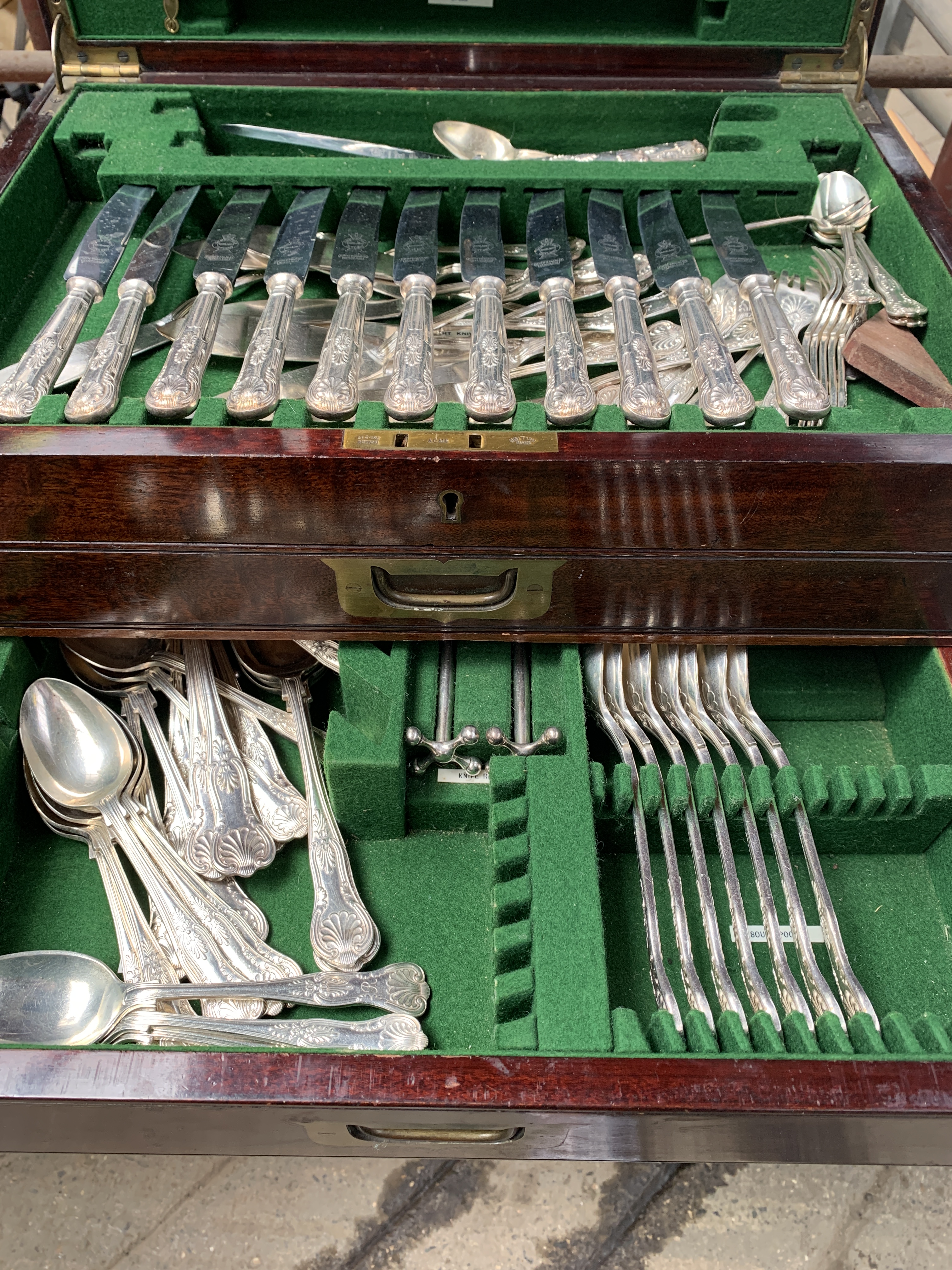 Mahogany brass bound canteen with part set of silver plate cutlery and silver plate galleried tray - Image 7 of 7
