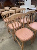 Six pine rail back chairs