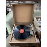 Boxed wind-up gramophone with early Columbia Electric stylus