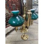 Tall brass table lamp together with a brass twin gas lamp converted to electricity
