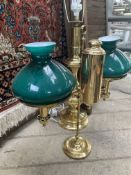 Tall brass table lamp together with a brass twin gas lamp converted to electricity