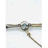 9ct gold seed pearl and pale blue stone brooch with safety chain