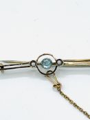 9ct gold seed pearl and pale blue stone brooch with safety chain