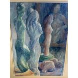 Three framed and glazed watercolours of statues, by Fiona Goldbacher.