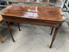 Brass inlaid mahogany veneer fold over swivel top card table