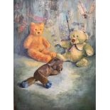 Three oil on canvas with 'collage' paintings of teddy bears by Fiona Goldbacher