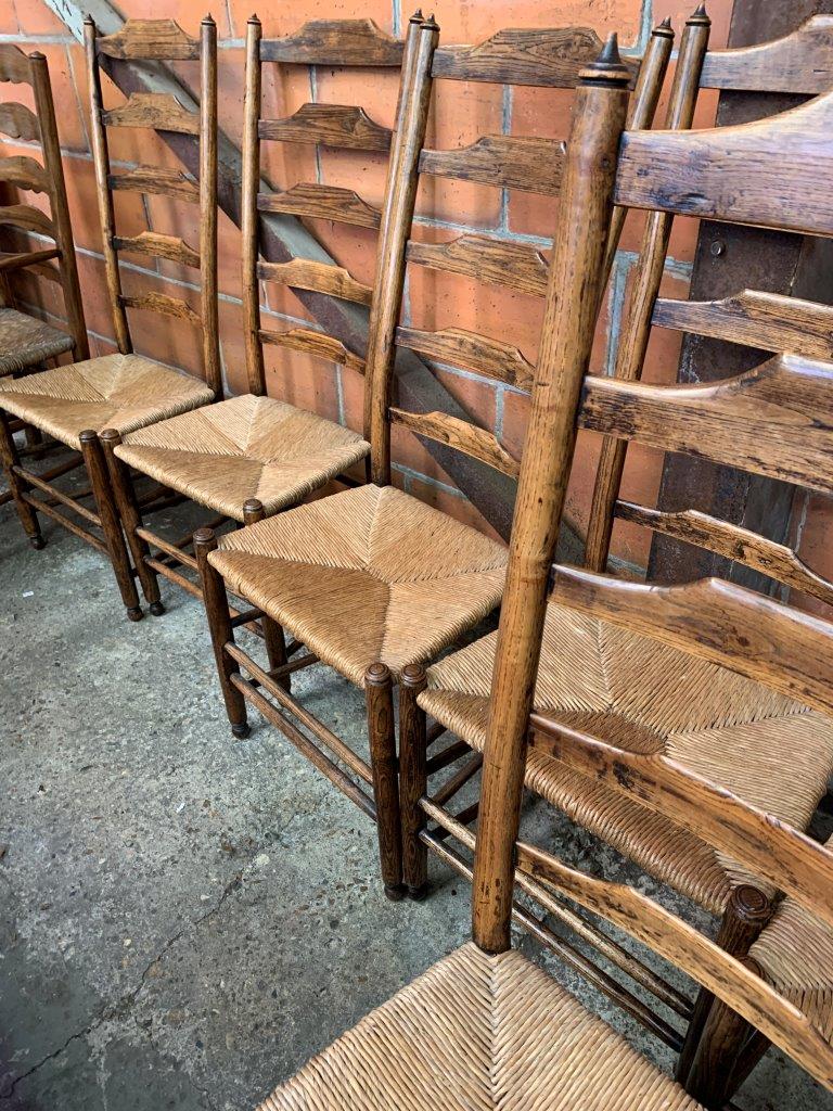 Six oak framed high ladder back chairs with string seats - Image 3 of 5