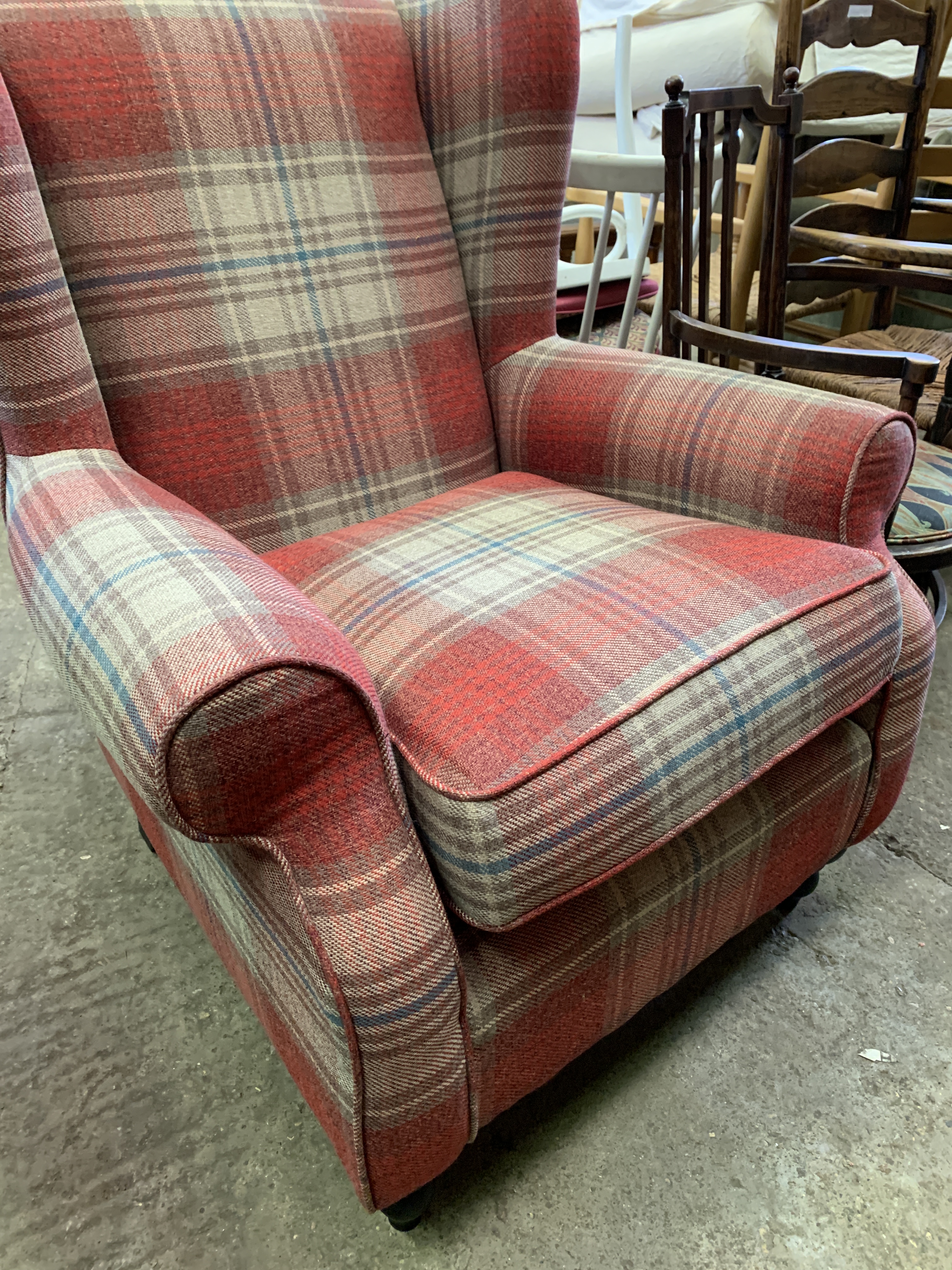 A tartan upholstered wingback armchair - Image 3 of 4
