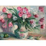 Two oil on canvas paintings of flowers by Fiona Goldbacher.