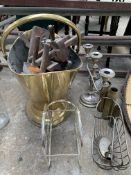 Brass coal bucket, other metal ware and wooden planes