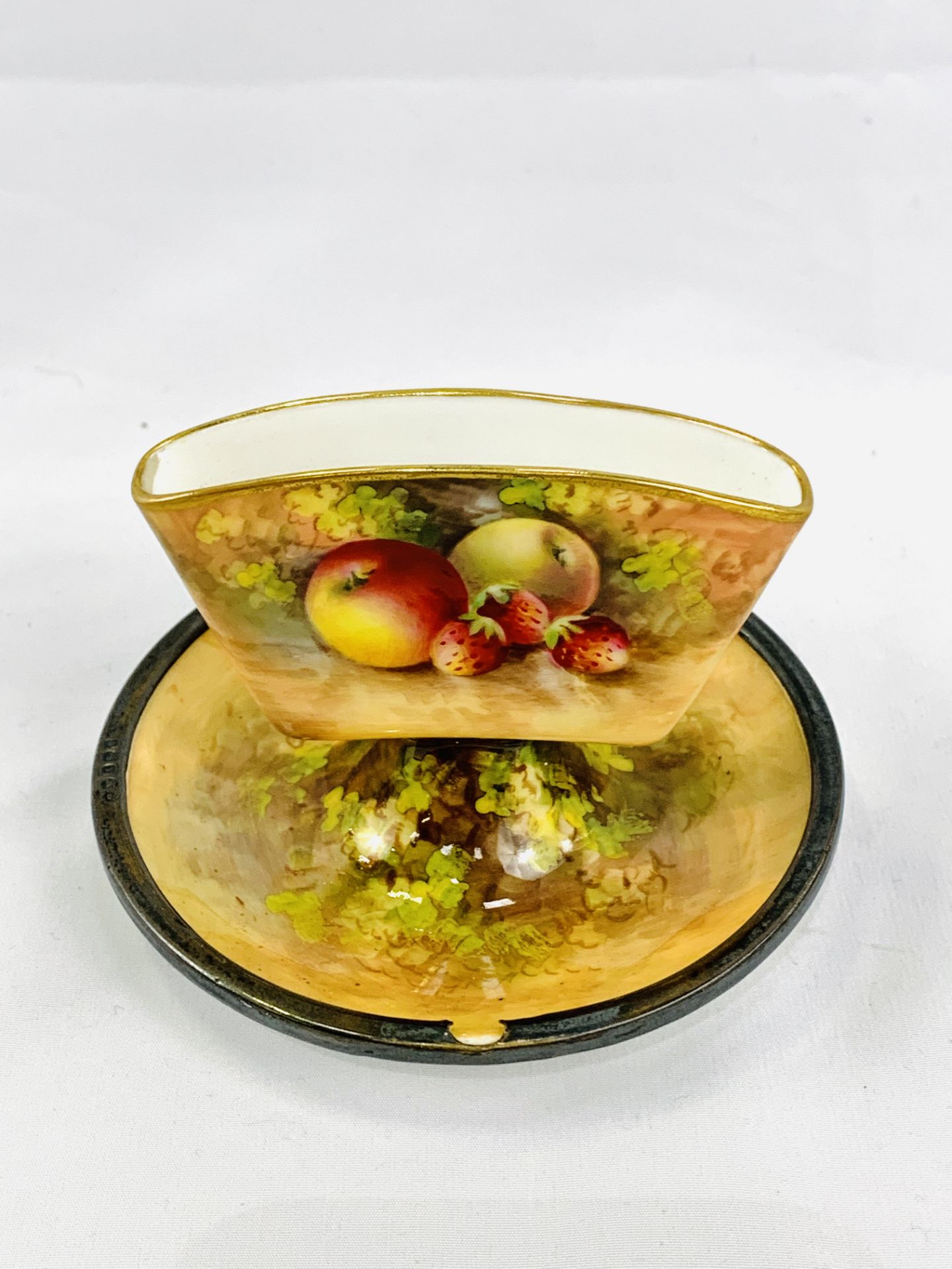 Royal Worcester match holder hand painted with fruit, strawberries and apples by E Townsend - Image 3 of 4