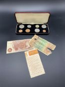 Elizabeth II Specimen Set of Britain's first decimal coins, and two bank notes