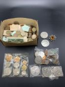 Quantity mainly of GB pennies and other mainly GB coins including 5 Crowns in a mahogany box