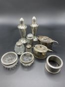 A pair of Duchin Creation sterling silver salt and pepper shakers and other silver items