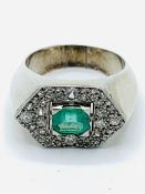 Hexagonal platinum emerald and diamond ring