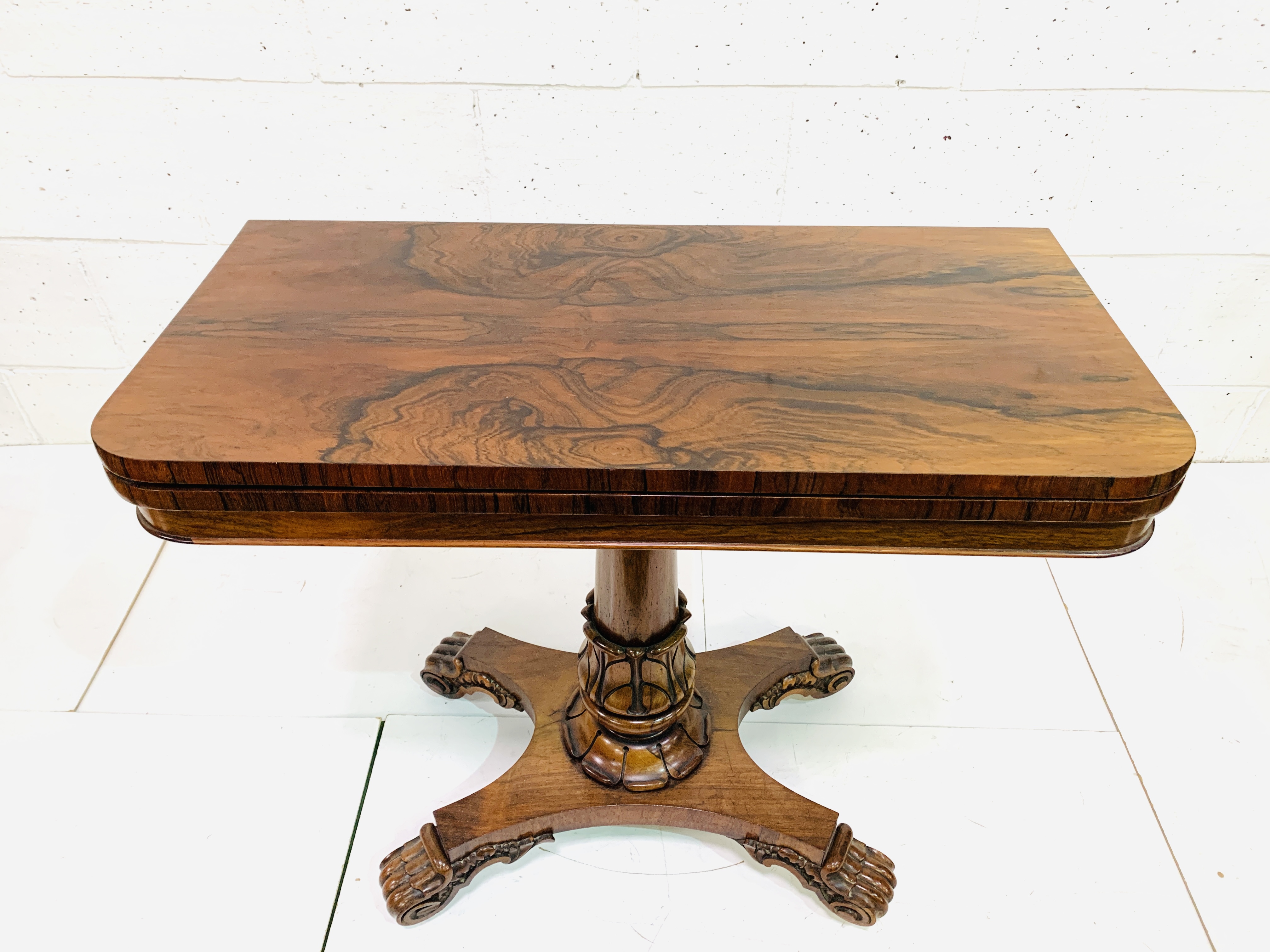 Burr mahogany swivel fold-over top games table