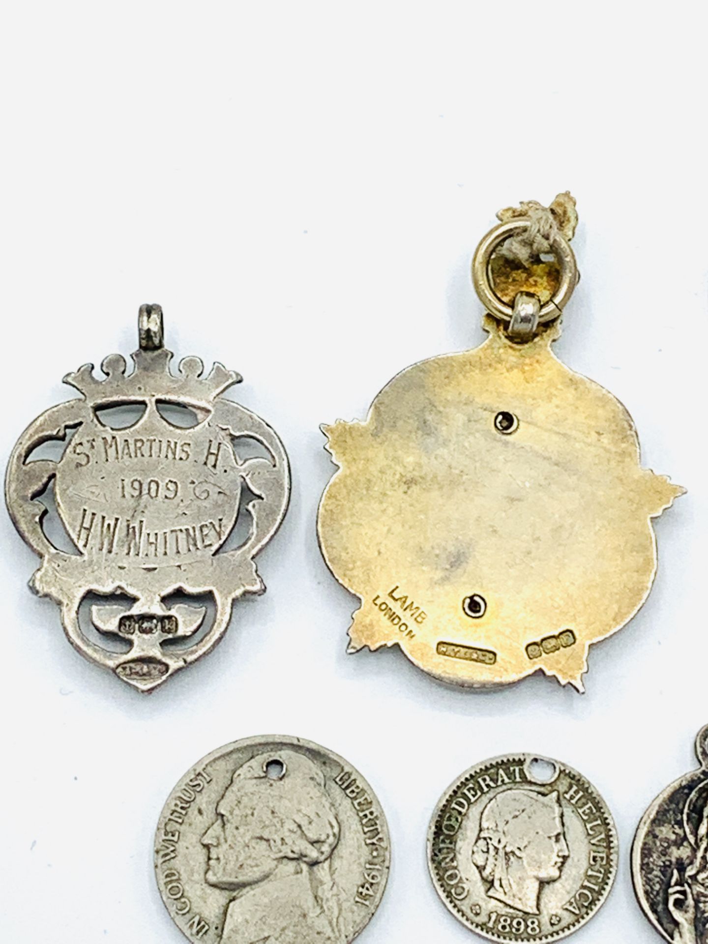 French sacred heart scapular medal pendant together with two other medals and four coins - Image 2 of 4