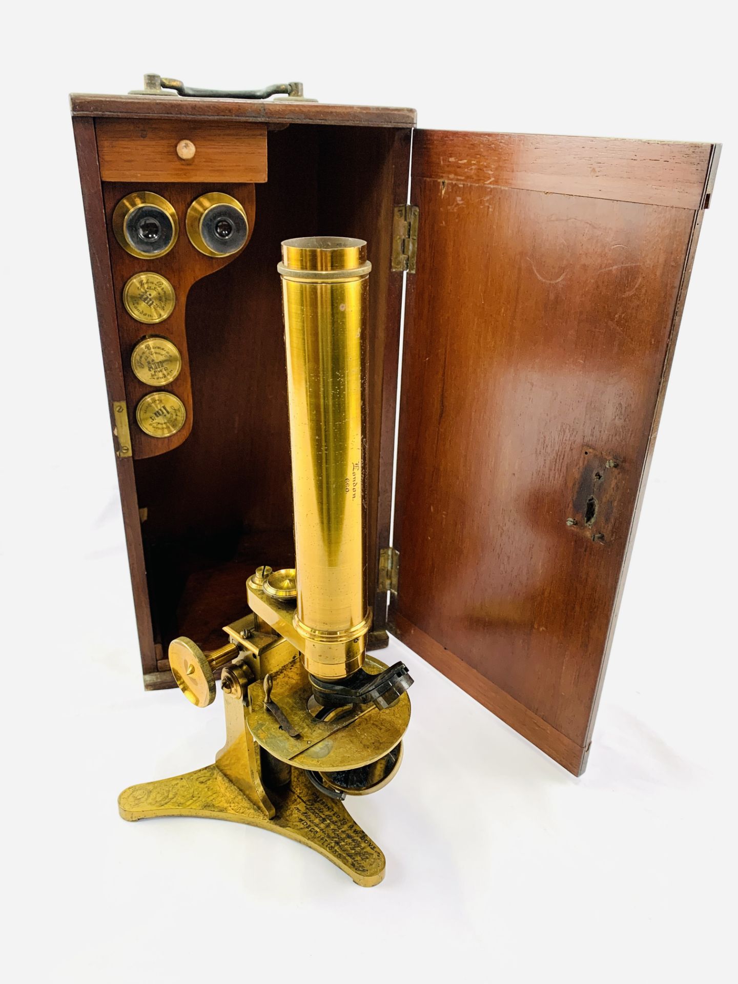 Brass microscope by John Browning, dated 1888, in fitted box and with slides - Image 6 of 11