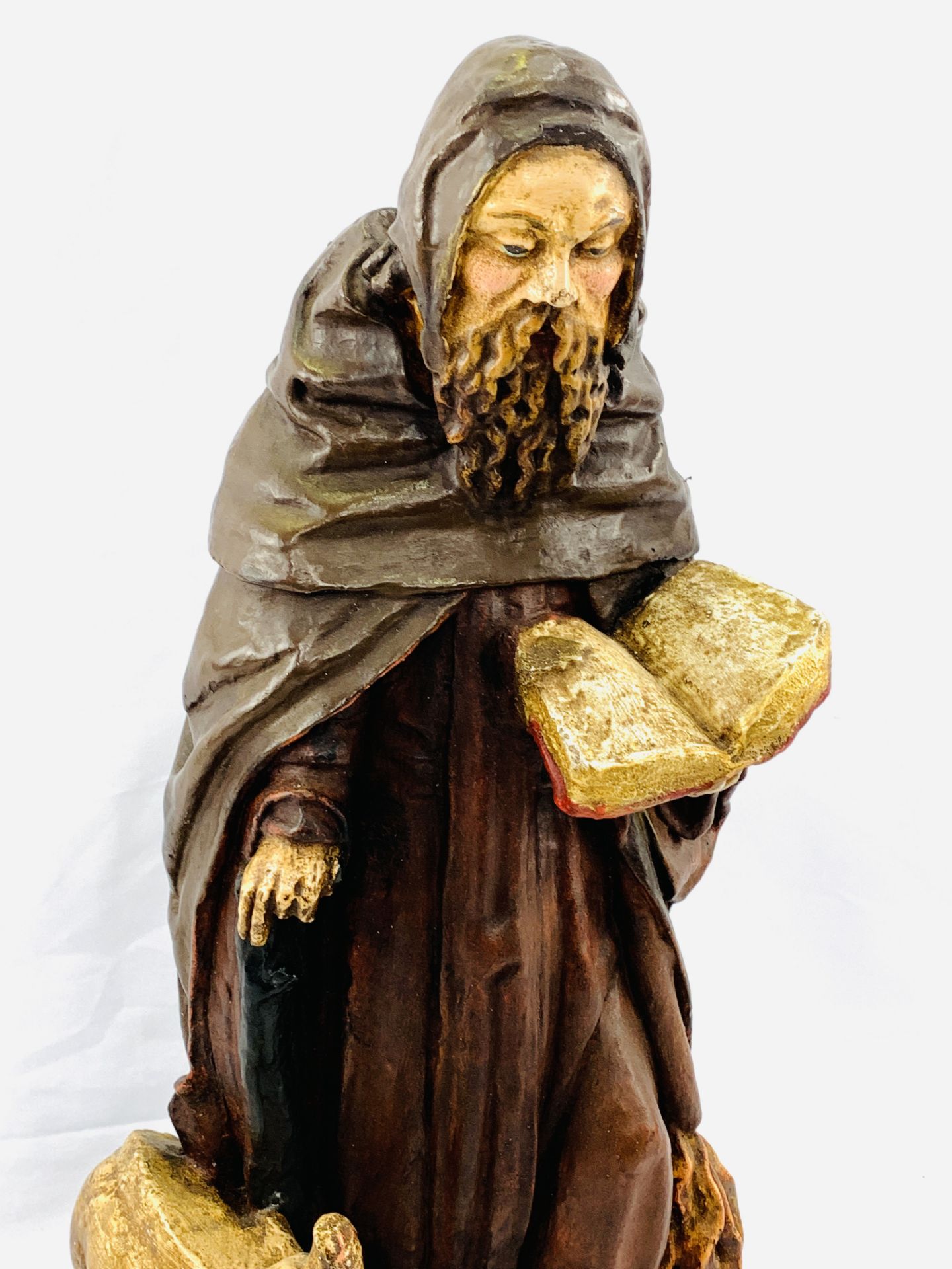 Mid 19th century ecclesiastical polychrome statue of St Anthony with long nose pig - Image 3 of 4