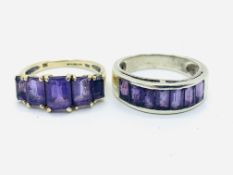 9ct gold ring set with 5 graduated baguette cut pale purple stones; with another ring