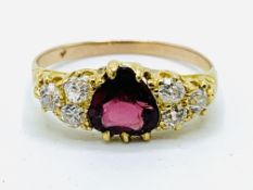 Yellow gold, ruby and diamond ring