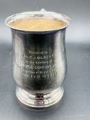 Silver tankard hallmarked Sheffield 1960; together with a silver trophy on Bakelite stand