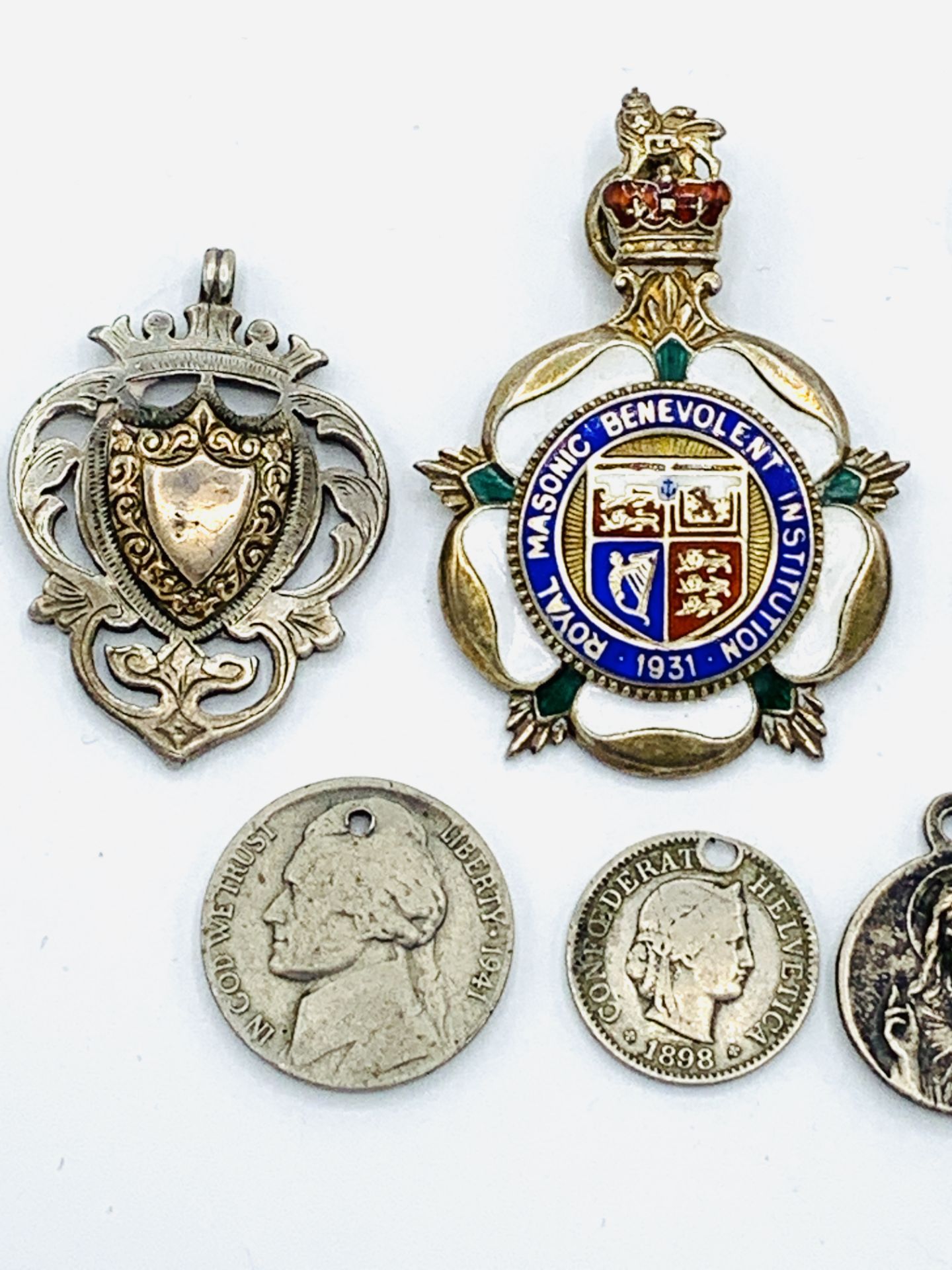 French sacred heart scapular medal pendant together with two other medals and four coins - Image 4 of 4