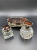 Silver and tortoiseshell manicure box, square glass inkwell and cut glass scent bottle