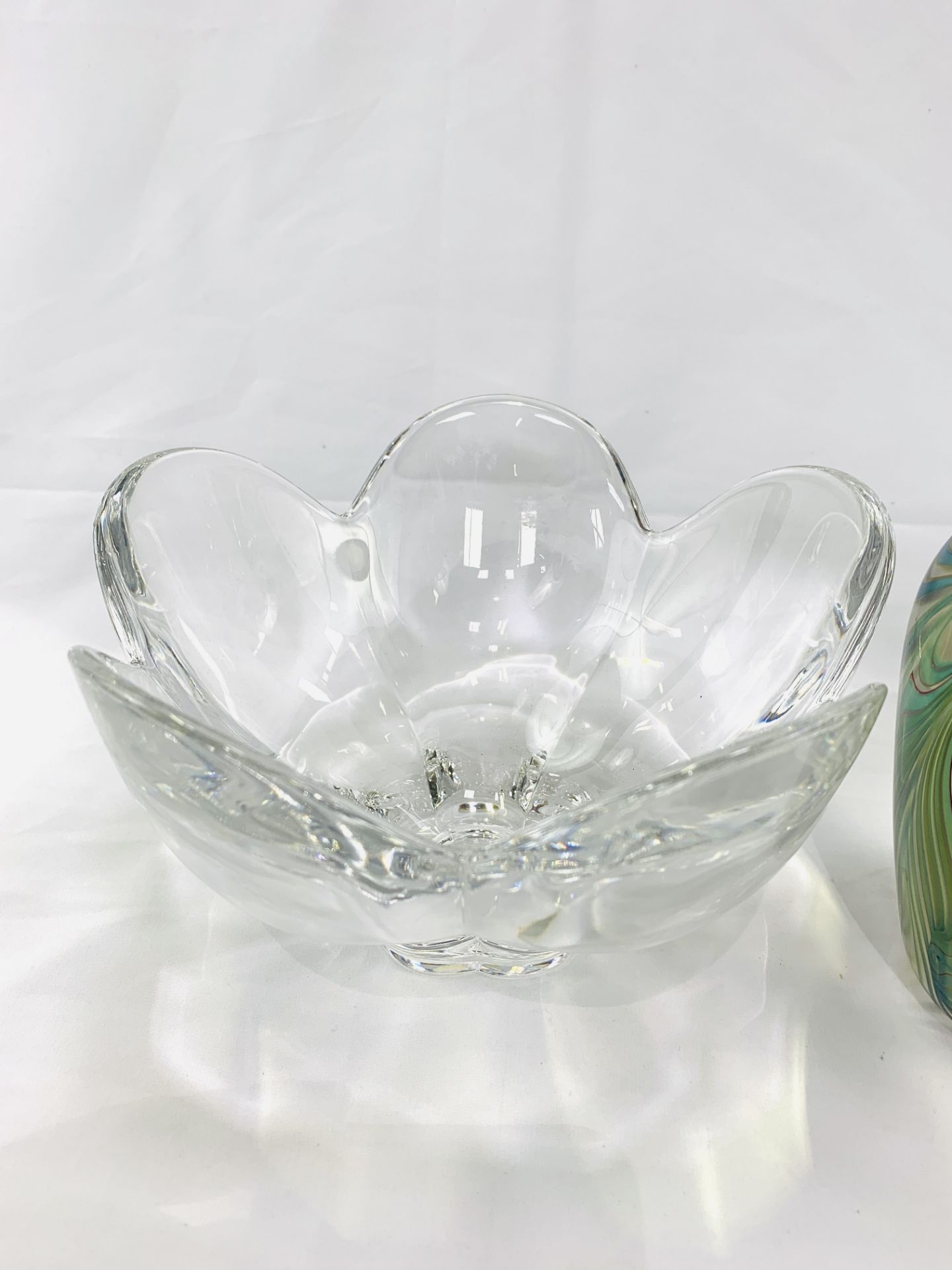 Lead glass petal shaped bowl by Orrefors and an iridescent vase by Okra - Image 2 of 5