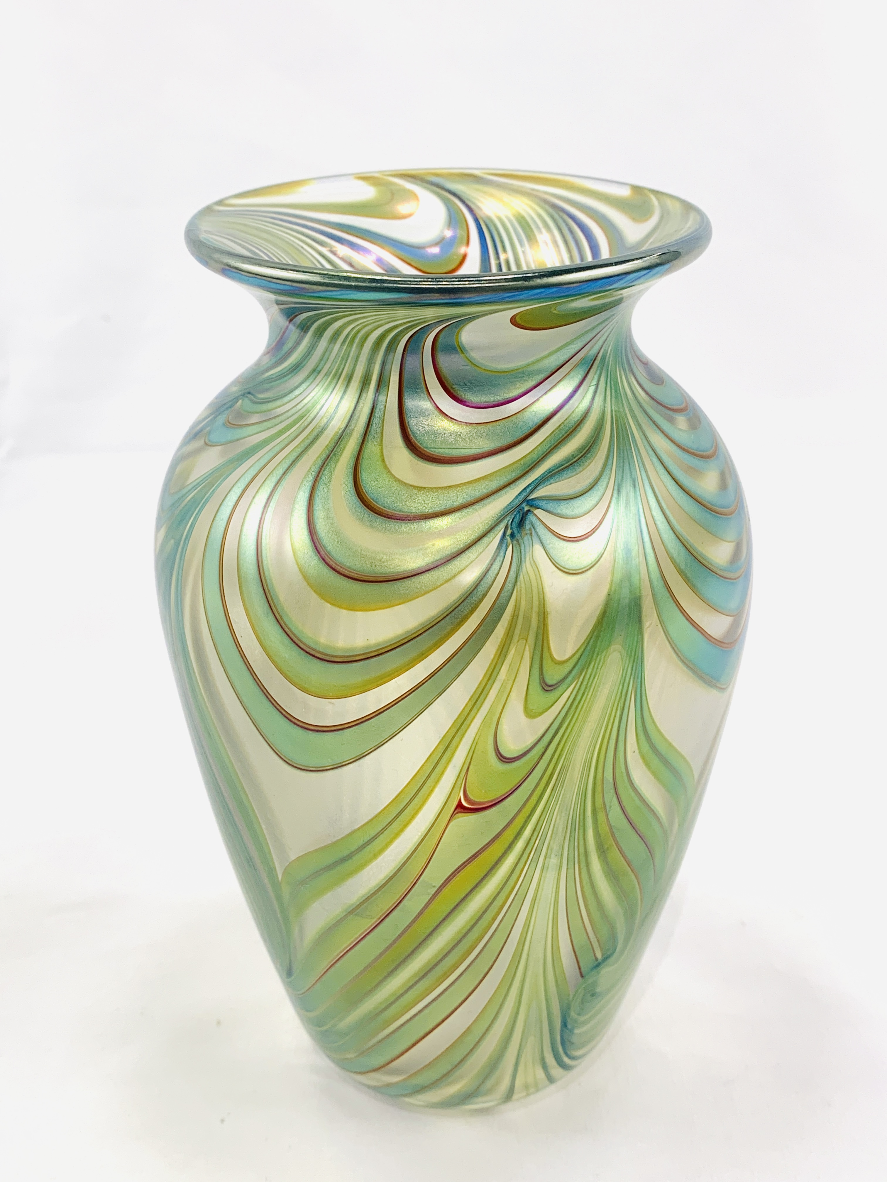 Lead glass petal shaped bowl by Orrefors and an iridescent vase by Okra - Image 4 of 5