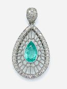 Filigree teardrop emerald and diamond pendant