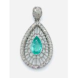 Filigree teardrop emerald and diamond pendant