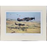 Two framed unglazed prints by Robert Taylor one of Spitfires the other of Typhoons
