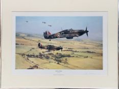 Two framed unglazed prints by Robert Taylor one of Spitfires the other of Typhoons