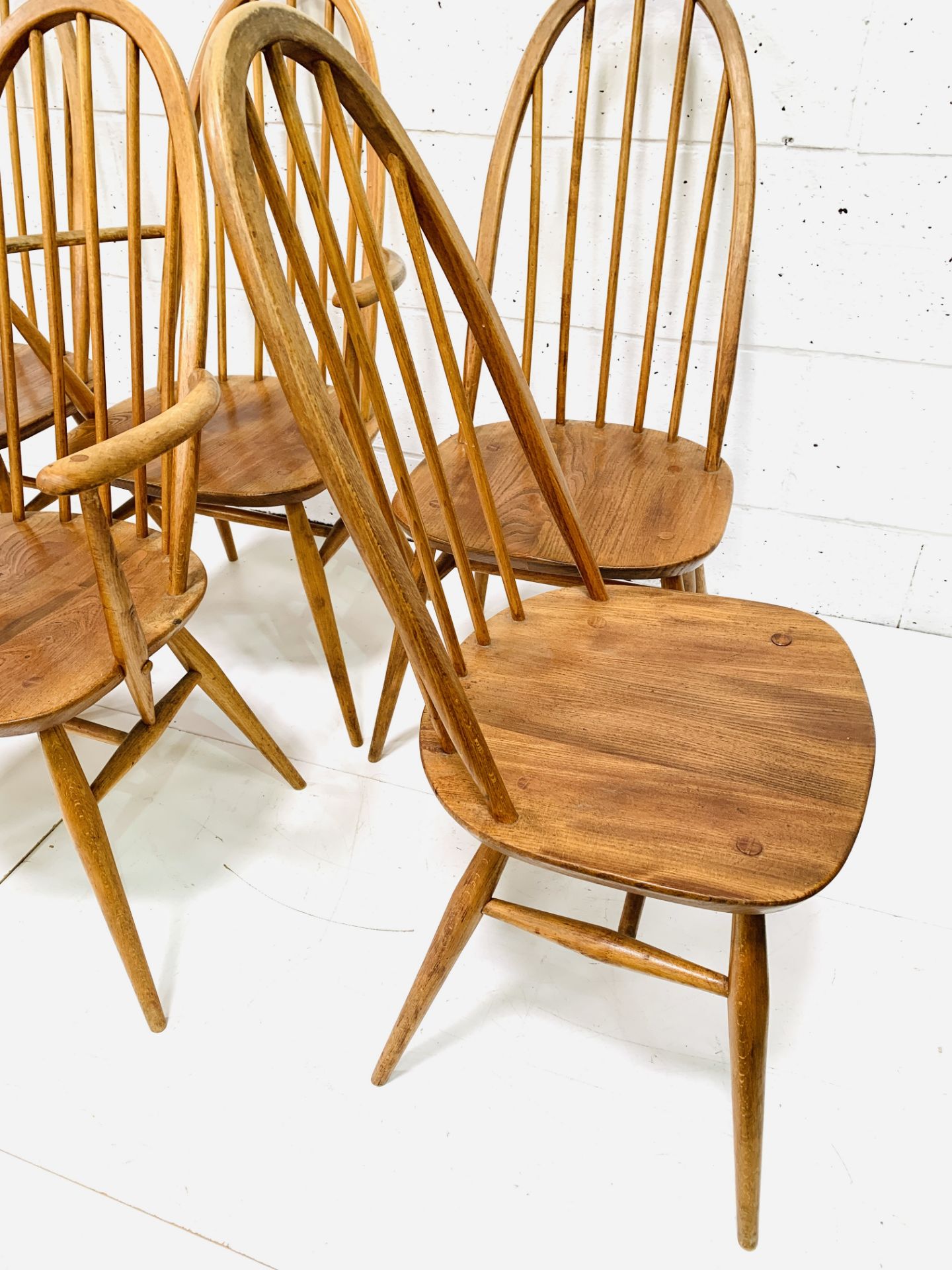 Set of six (4 + 2) Ercol high rail back dining chairs - Image 4 of 5