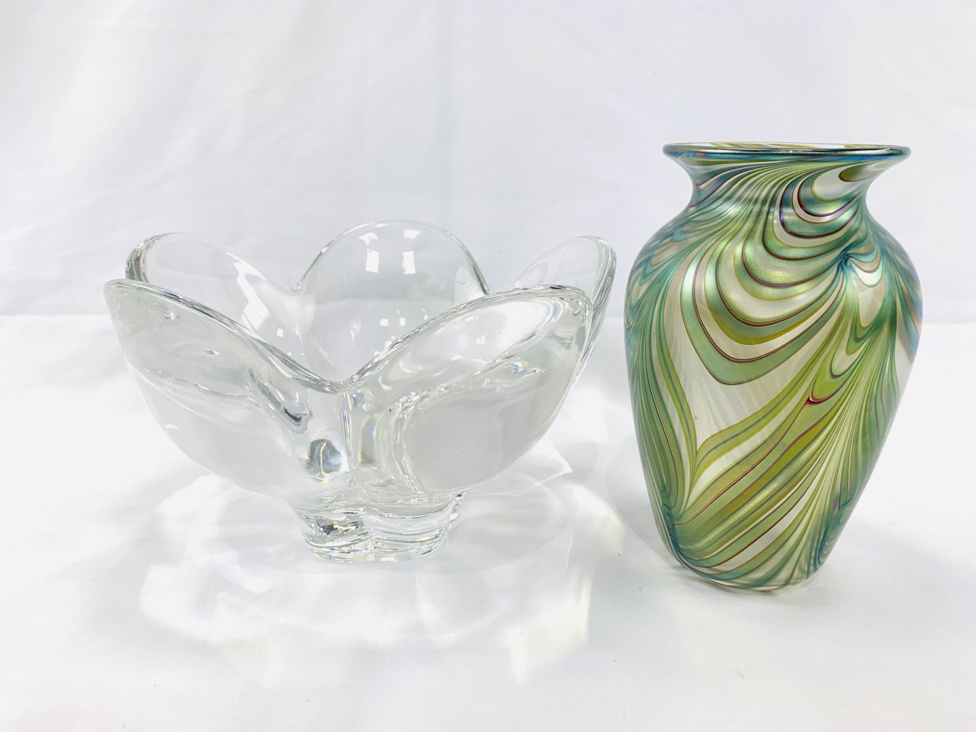 Lead glass petal shaped bowl by Orrefors and an iridescent vase by Okra