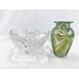 Lead glass petal shaped bowl by Orrefors and an iridescent vase by Okra