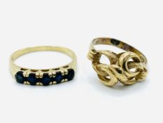 14ct gold ring set with 5 sapphires and a 14ct gold knot ring