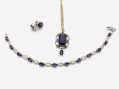 9ct gold chain with a gold and amethyst pendant with drop, bracelet and earrings set