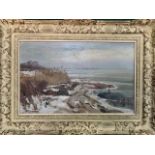 Oil on canvas of a coastal scene in winter in heavy decorative frame signed D. Schulman