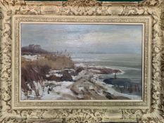 Oil on canvas of a coastal scene in winter in heavy decorative frame signed D. Schulman