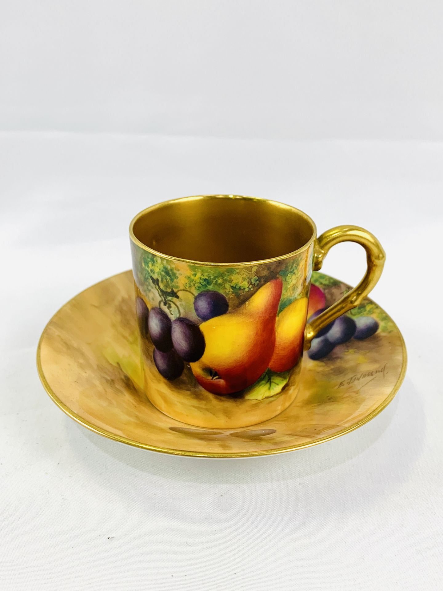 Royal Worcester coffee can and saucer painted with peaches and grapes, signed E Townsend - Image 2 of 5