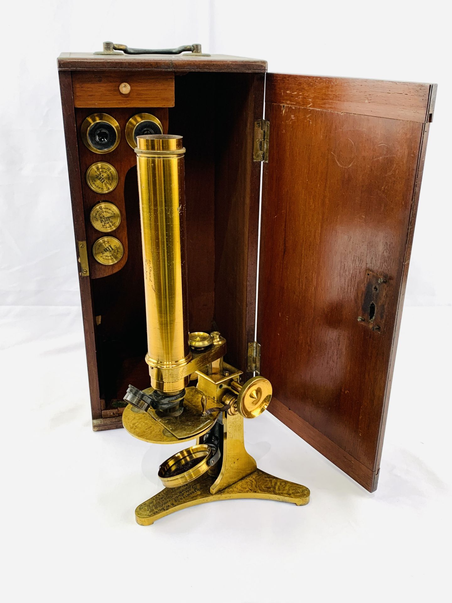 Brass microscope by John Browning, dated 1888, in fitted box and with slides - Image 2 of 11