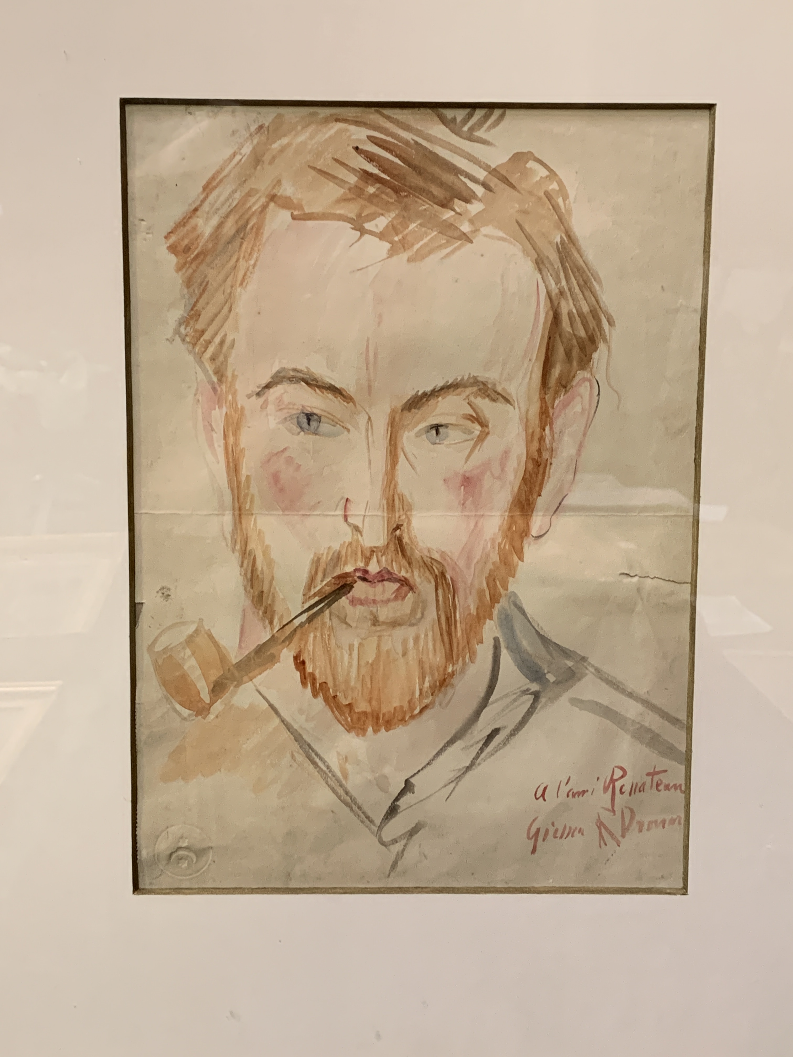Framed and glazed watercolour portrait signed "A l'ami Renateau, Giessen, R Drouart" - Image 2 of 3