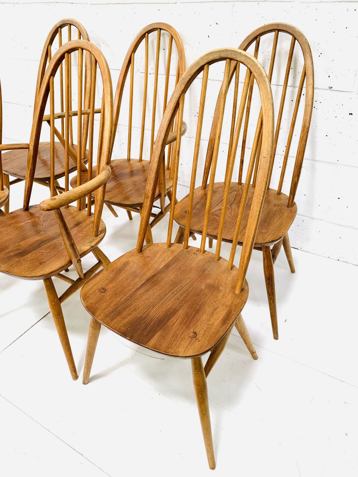 Set of six (4 + 2) Ercol high rail back dining chairs - Image 3 of 5