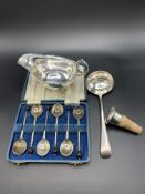 Silver sauce boat hallmarked Birmingham 1933, Georgian silver ladle and other items