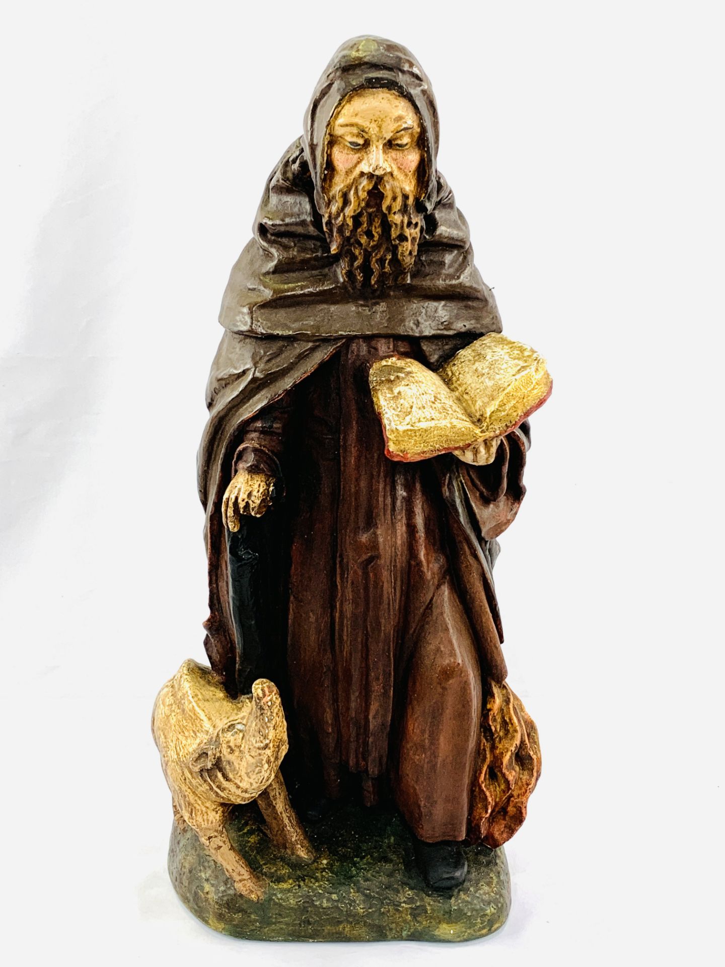 Mid 19th century ecclesiastical polychrome statue of St Anthony with long nose pig